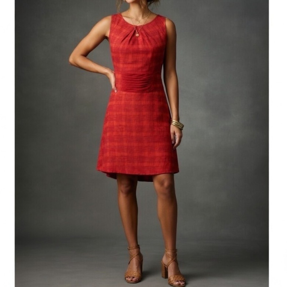 Anthropologie Girls From Savoy Dress Silk Red Plaid Sleeveless‎ Belted Size 6